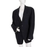 Prada, a men's navy blue cotton jacket, featuring front button fastenings, three outer pockets,