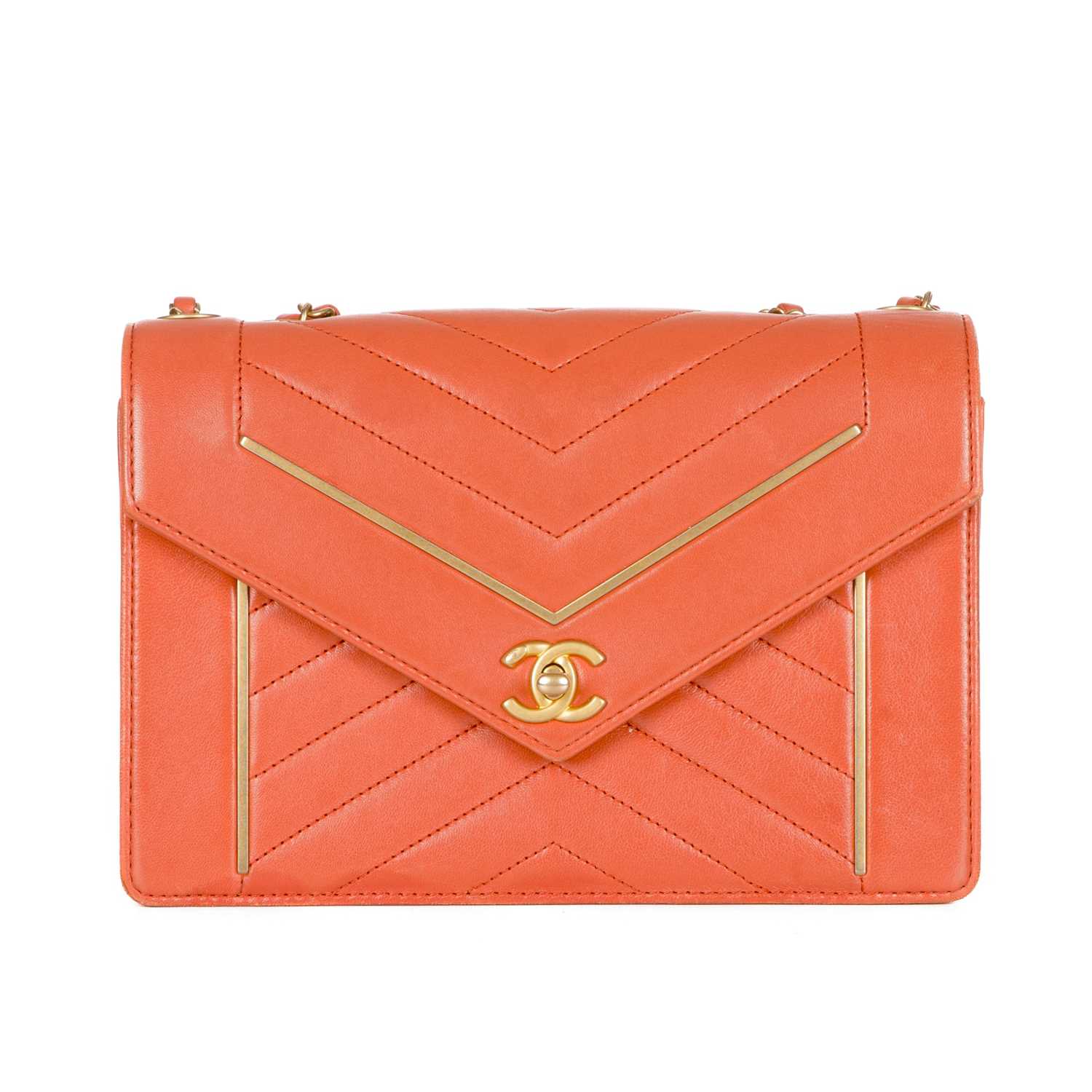 Chanel, a Reversed Chevron Envelope Flap handbag, crafted from peach lambskin leather, with