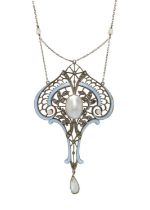 A large Arts & Crafts silver, enamel, pearl and marcasite openwork pendant