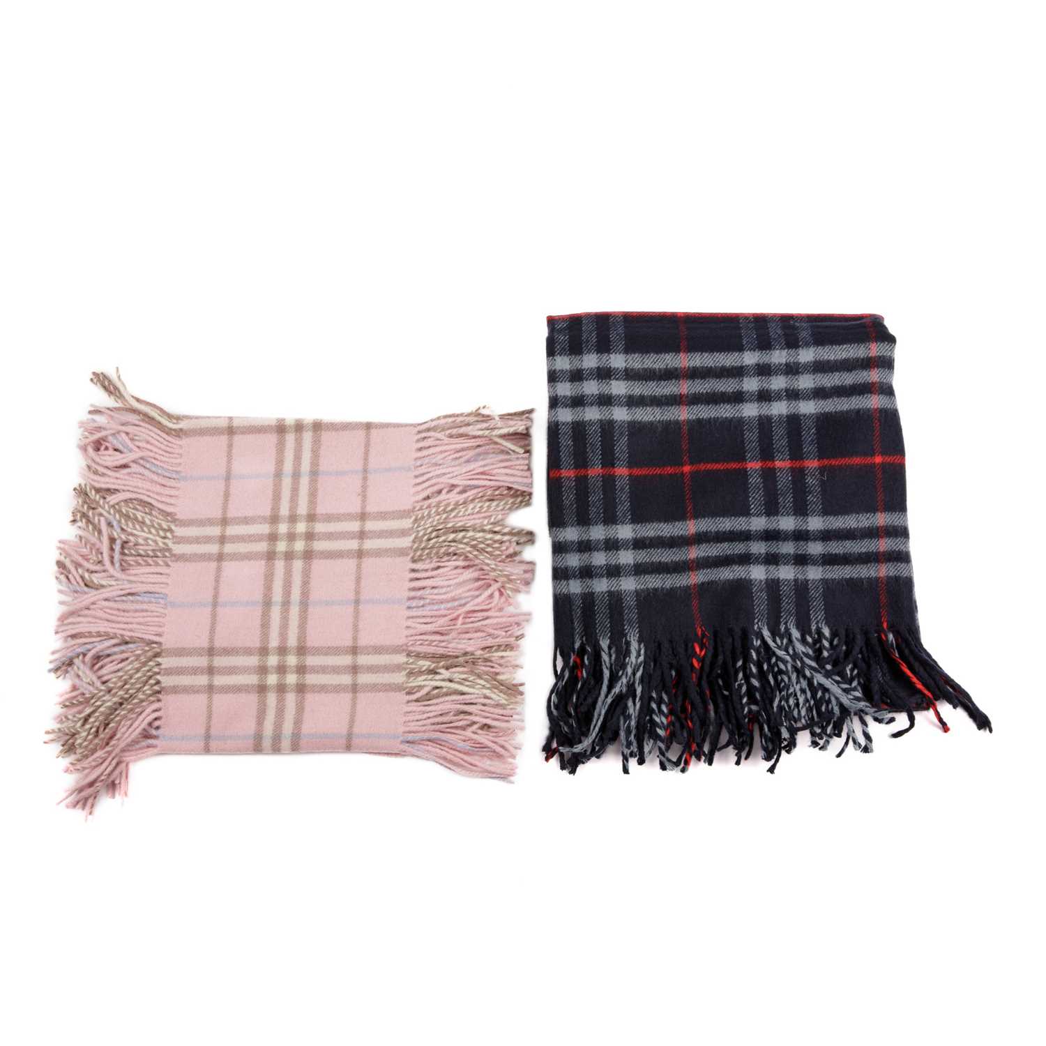 Burberry, a Nova Check lambswool shawl and Happy Fringe scarf, to include a navy blue shawl with