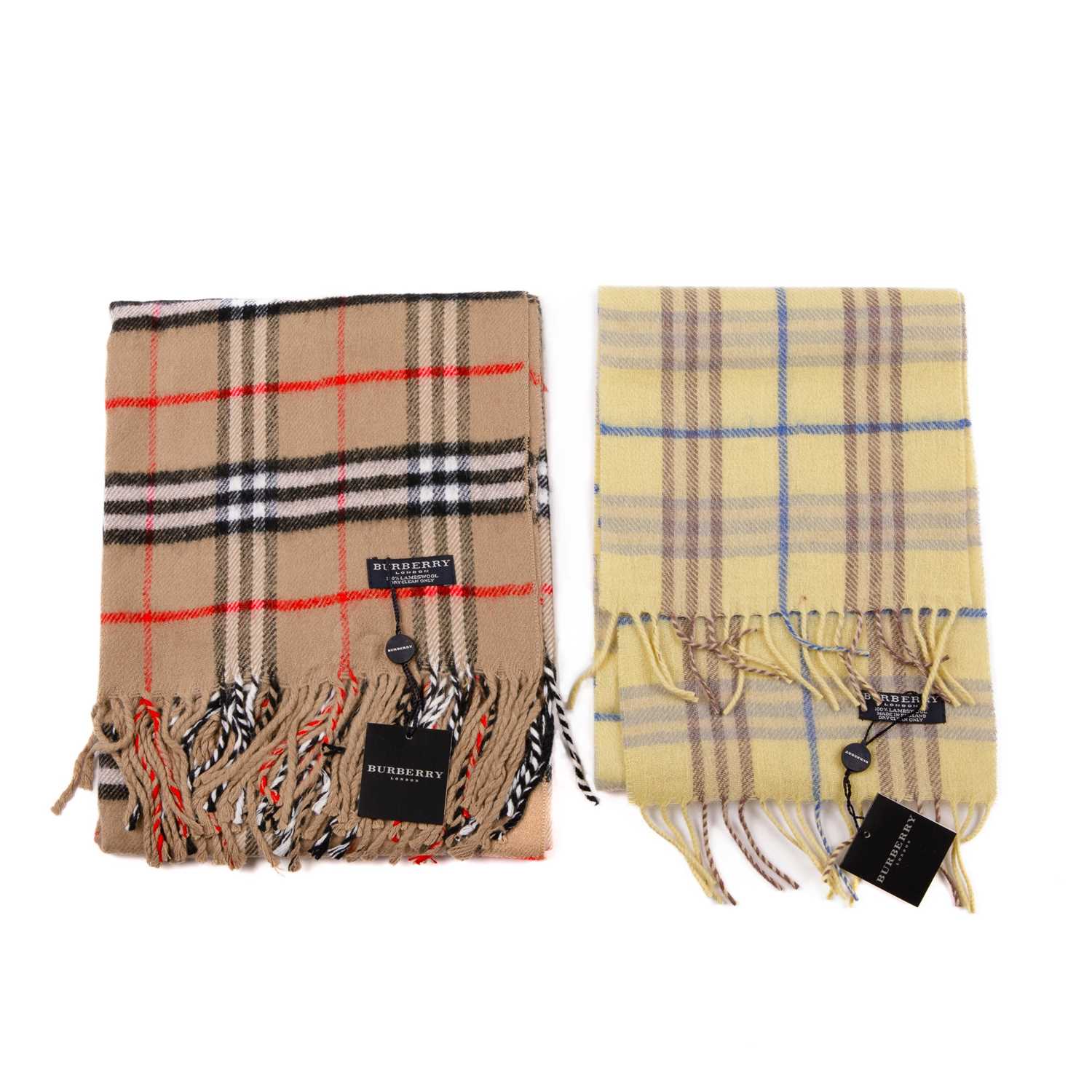 Burberry, a Nova Check lambswool shawl and scarf, to include a beige shawl and a pale yellow - Image 2 of 4