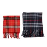 Burberry, a Nova Check lambswool shawl and scarf, to include a navy blue shawl and a red scarf, both