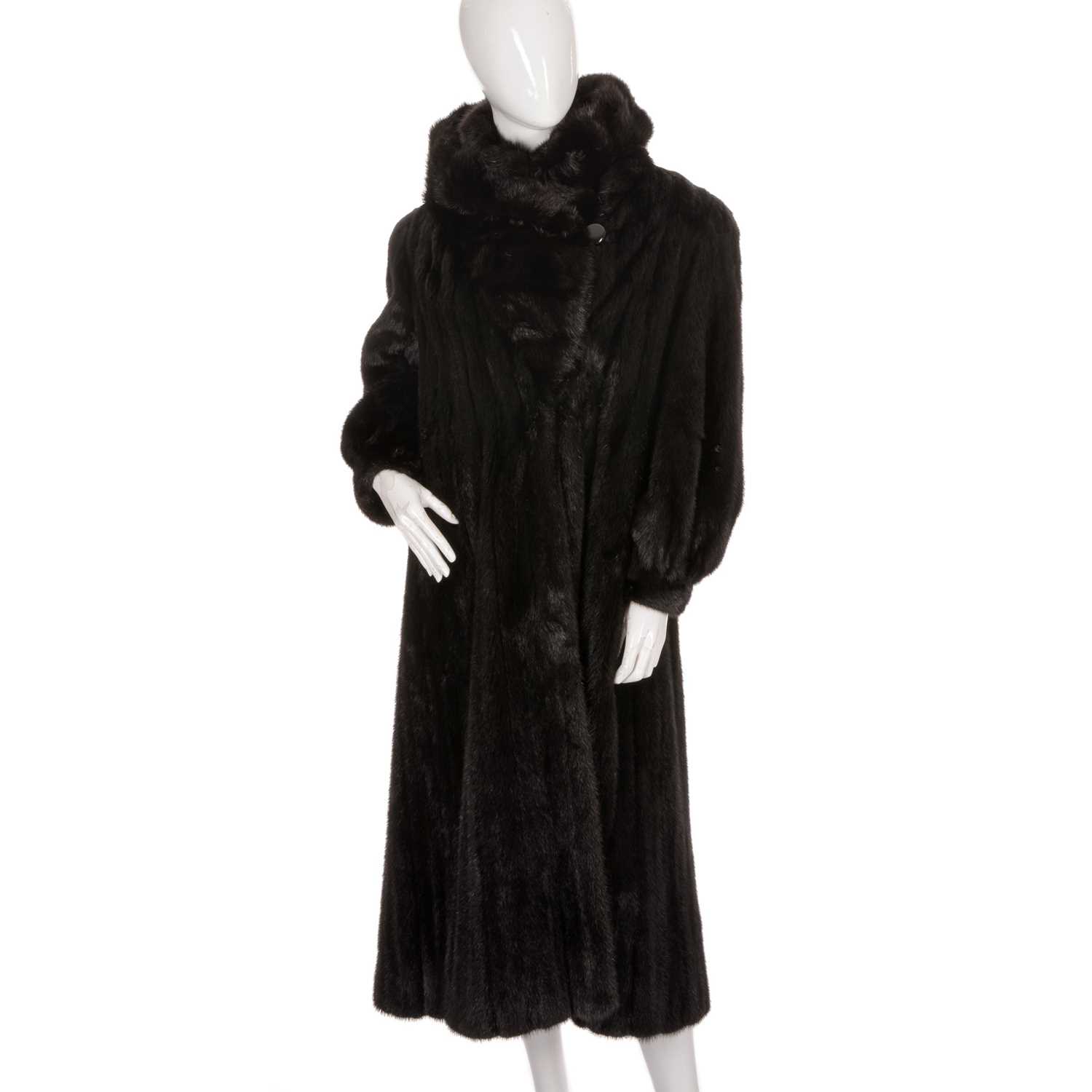A full-length black mink hooded coat, featuring hook and eye clip fastenings, fitted cuffs, a - Image 2 of 4
