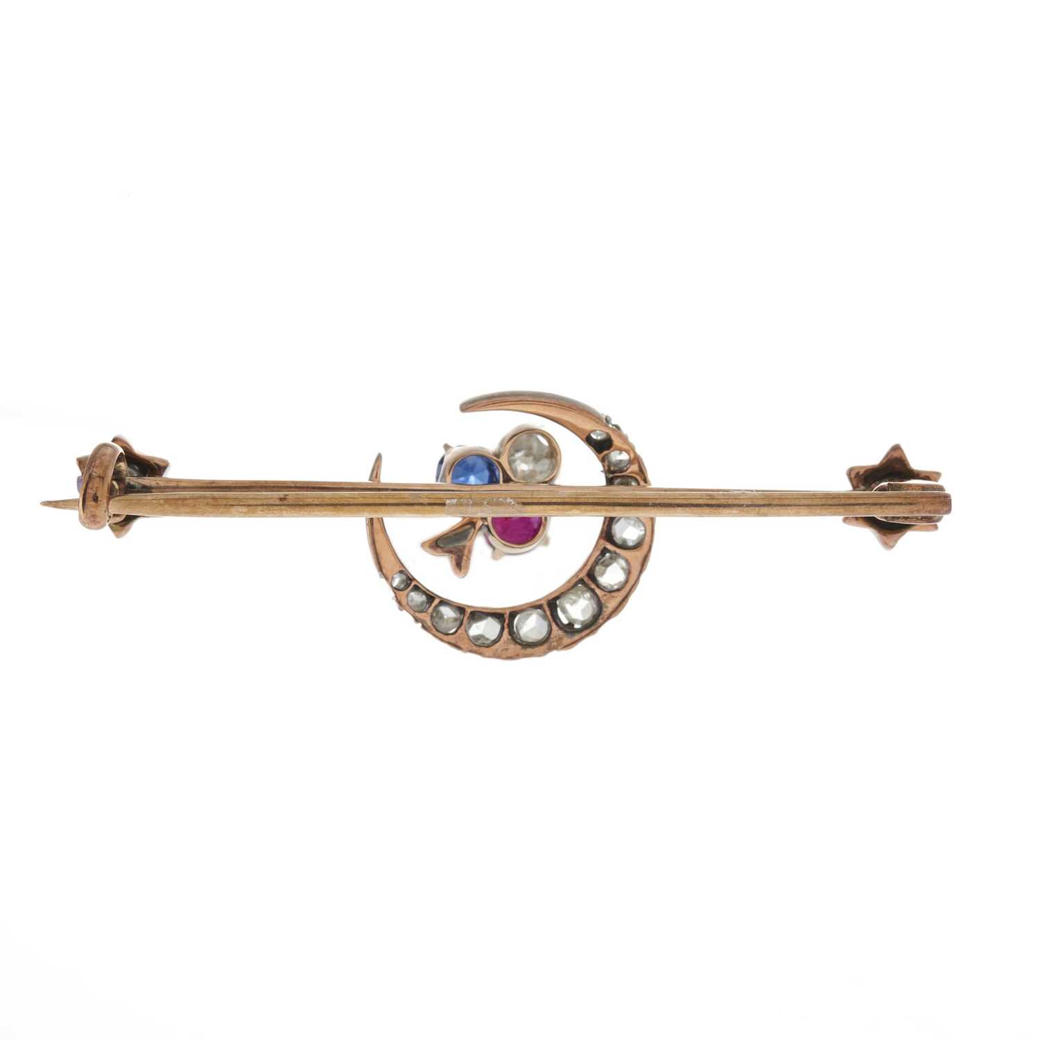 A late Victorian gold and silver, ruby, sapphire and diamond shamrock crescent brooch - Image 2 of 2