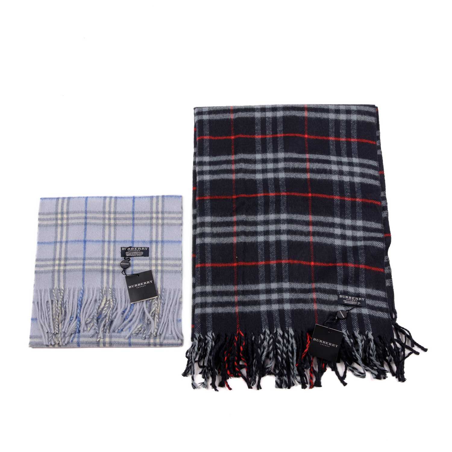 Burberry, a Nova Check lambswool shawl and scarf, to include a navy blue shawl and a light blue - Image 2 of 4