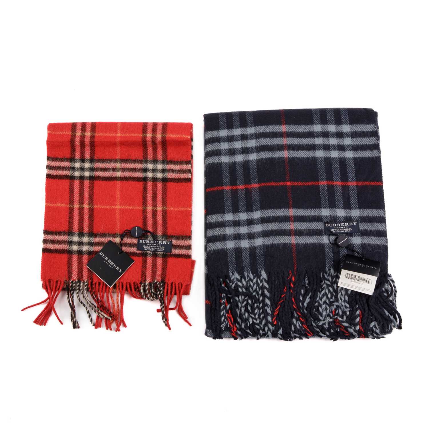 Burberry, a Nova Check lambswool shawl and scarf, to include a navy blue shawl and a red scarf, both - Image 2 of 4