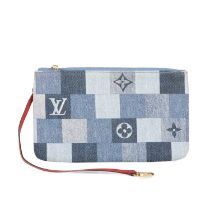 Louis Vuitton, a patchwork denim Neverfull pouch, featuring a squared patchwork design to the