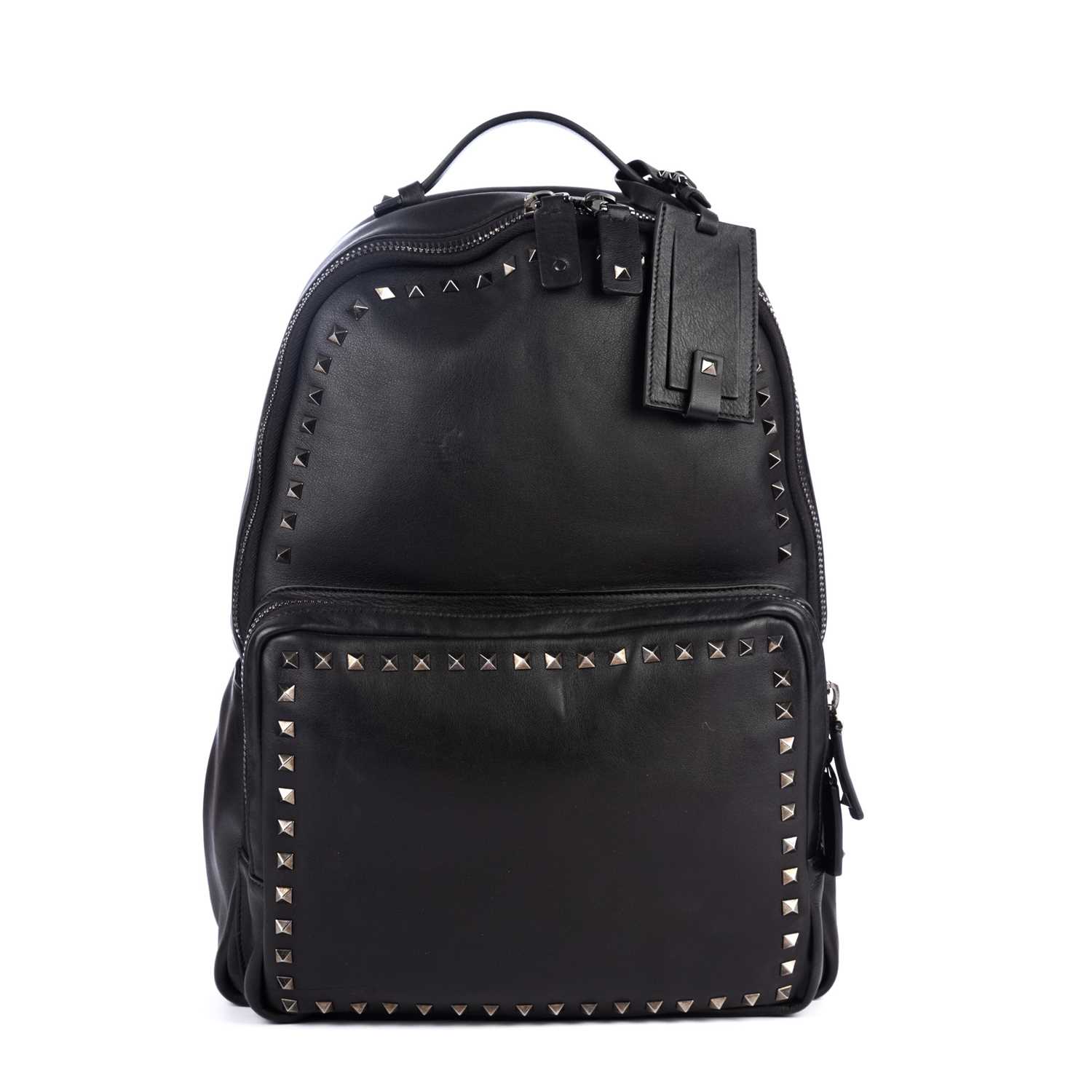 Valentino, a Rockstud backpack, crafted from smooth black leather, featuring a pyramid studded trim,