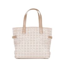 Chanel, a Travel Line tote, designed with a pale pink logo patterned canvas exterior, with beige