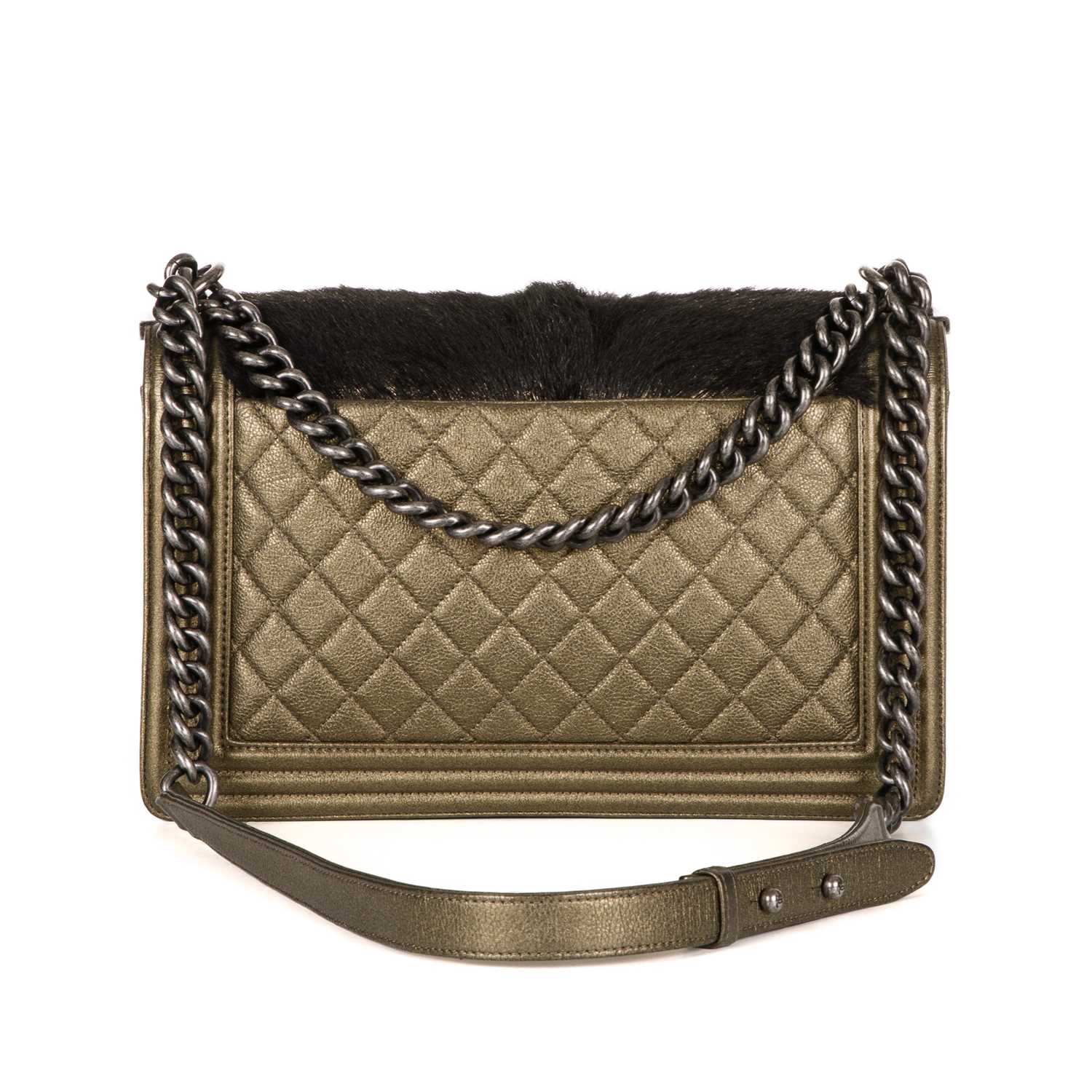 Chanel, a New Medium Boy bag, featuring a black faux fur front panel and gold leather trim, with a - Image 2 of 4