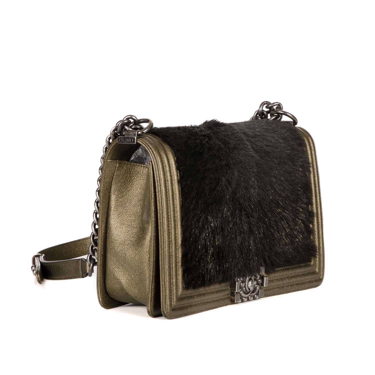 Chanel, a New Medium Boy bag, featuring a black faux fur front panel and gold leather trim, with a - Image 3 of 4