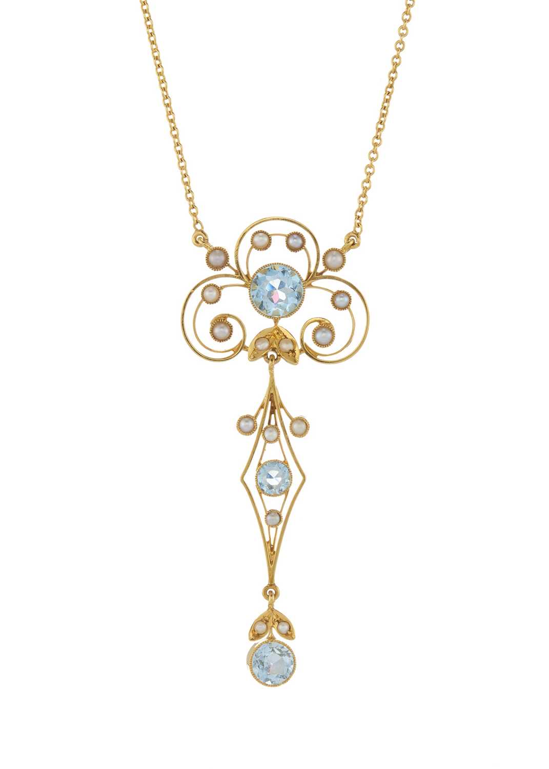 An Edwardian 18ct gold aquamarine and pearl openwork necklace