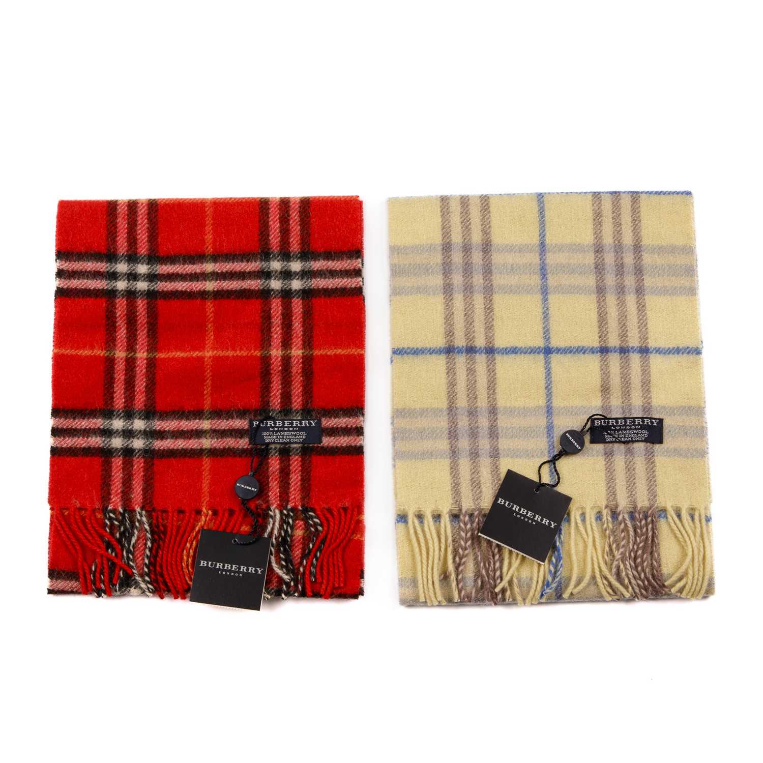 Burberry, two Nova Check lambswool scarves, to include a red scarf and a pale yellow scarf, both - Image 2 of 4