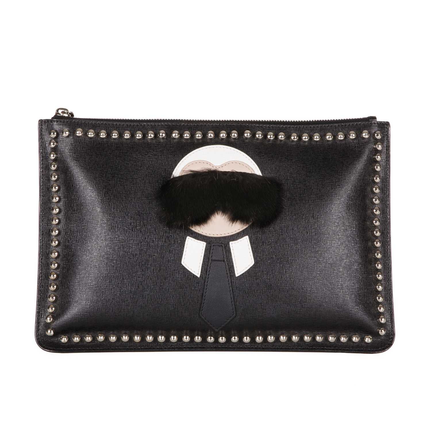 Fendi, a Karlito clutch, crafted from black saffiano leather with silver-tone studded trim,