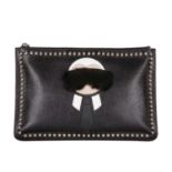 Fendi, a Karlito clutch, crafted from black saffiano leather with silver-tone studded trim,