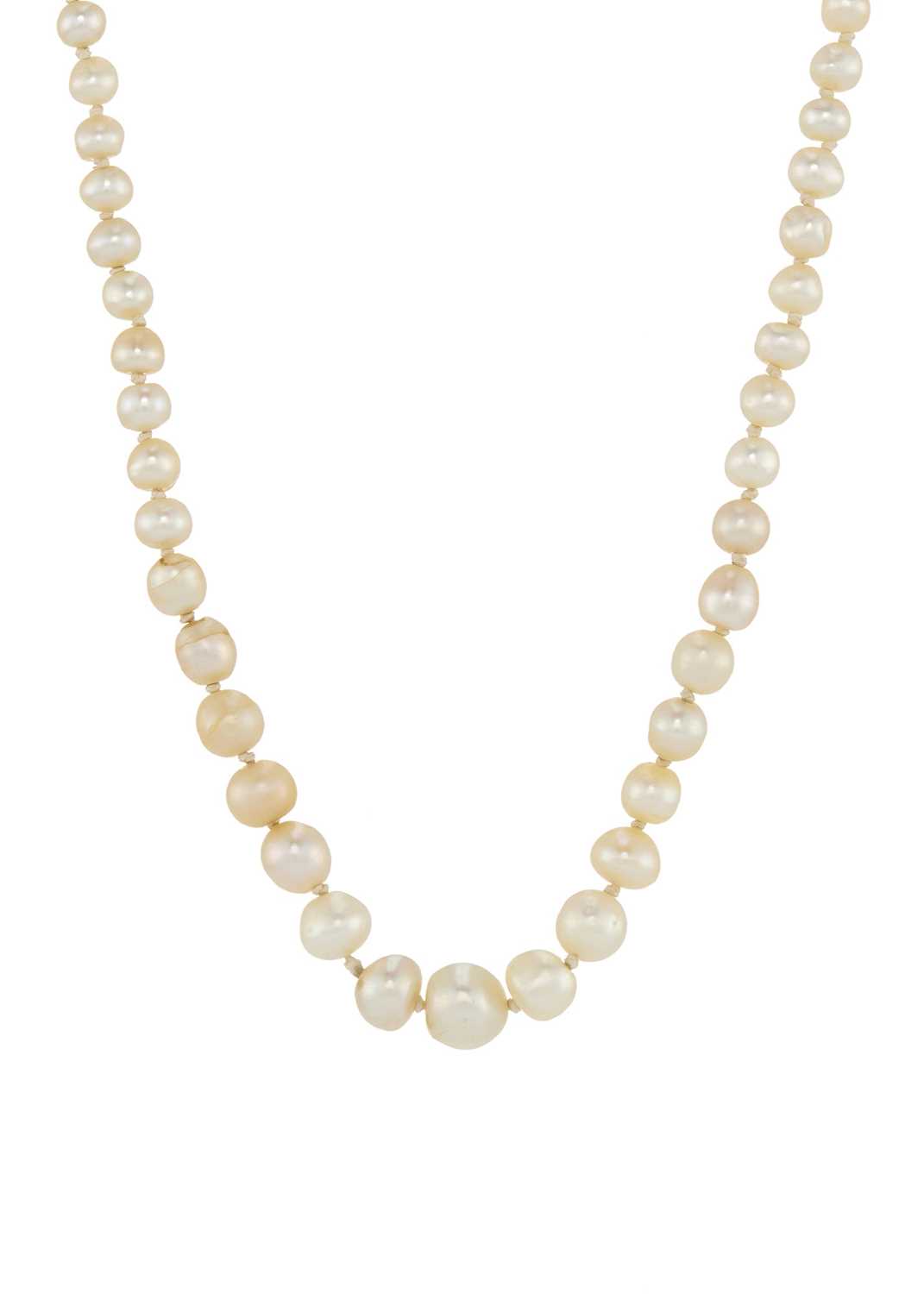 An early 20th century natural pearl necklace, with diamond clasp