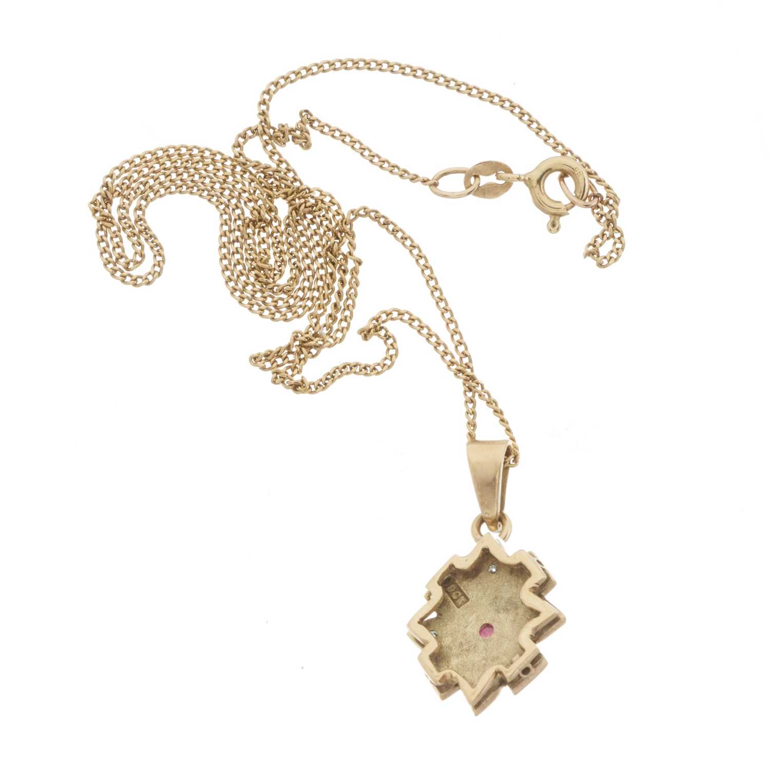 An early 20th century 9ct gold pink tourmaline, diamond and pearl pendant, with chain - Image 2 of 2