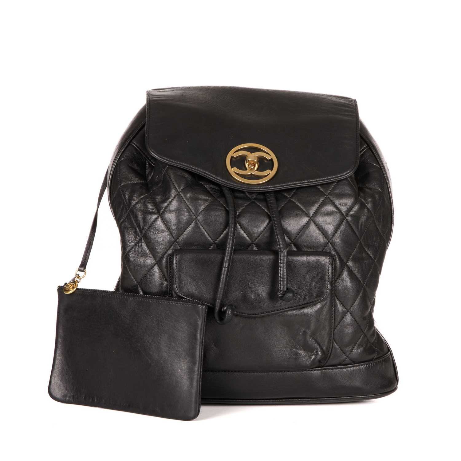 Chanel, a vintage black quilted leather backpack w/pouch, featuring gold-tone hardware, a front - Image 2 of 5