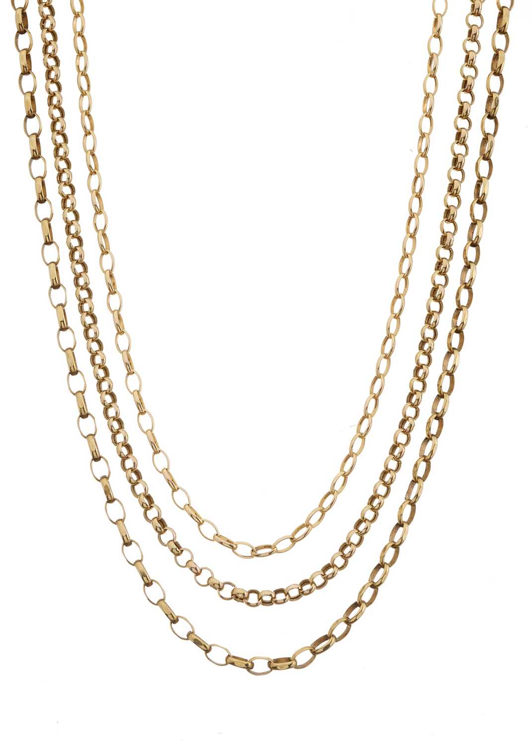 Three 9ct gold belcher-link necklaces