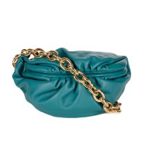 Bottega Veneta, a ruched Pouch crossbody bag, crafted from teal green leather, featuring polished