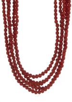 A mid 20th century coral multi-row necklace, with gold clasp