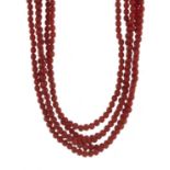 A mid 20th century coral multi-row necklace, with gold clasp