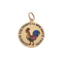 A rare French gold and vari-hue enamel love token rooster pendant