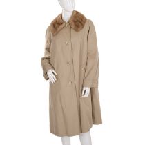 Aquascutum, an Aqua 5 ladies' beige trench coat, featuring a pastel mink fur collar, front button