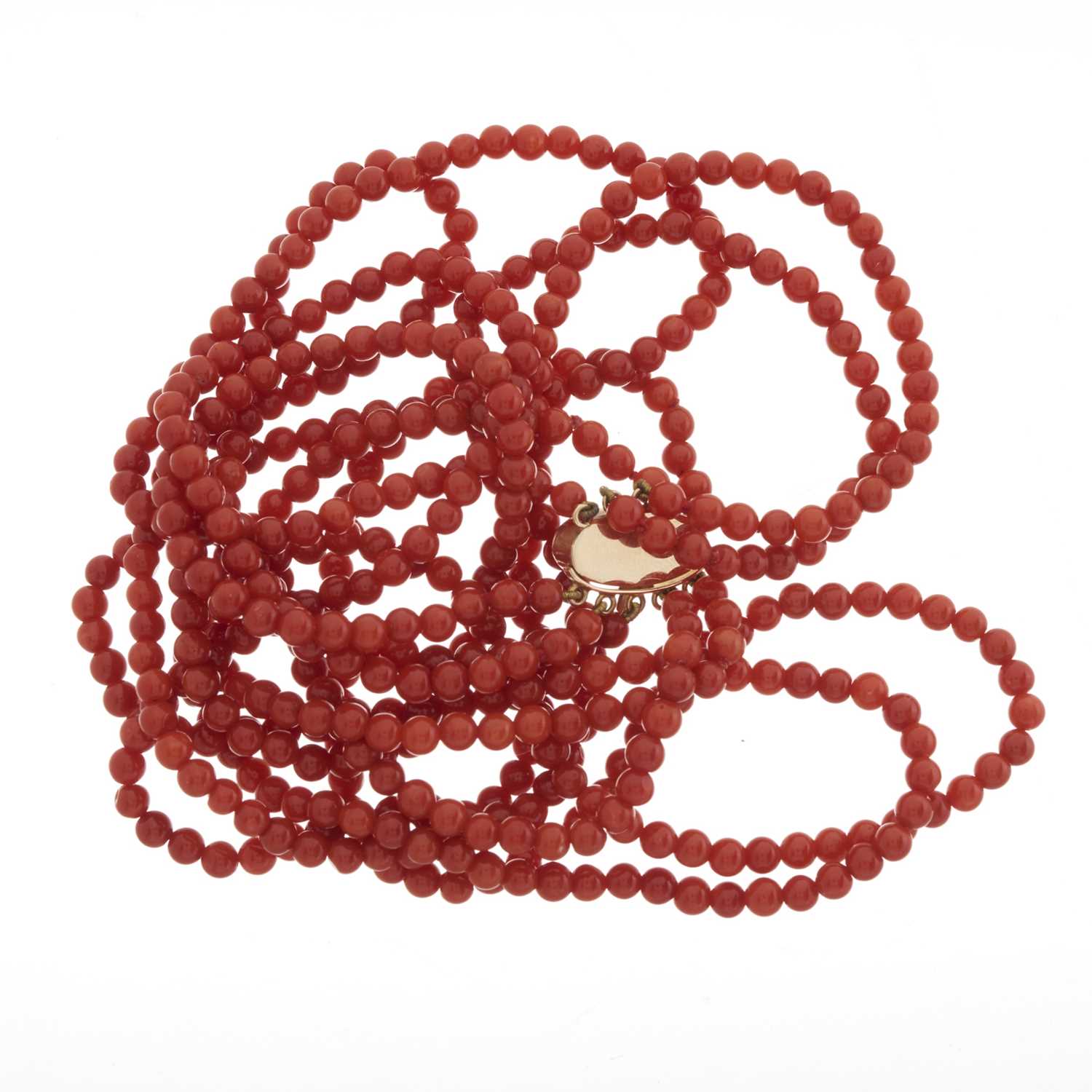 A mid 20th century coral multi-row necklace, with gold clasp - Image 2 of 2