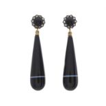A pair of late Victorian onyx and diamond drop earrings
