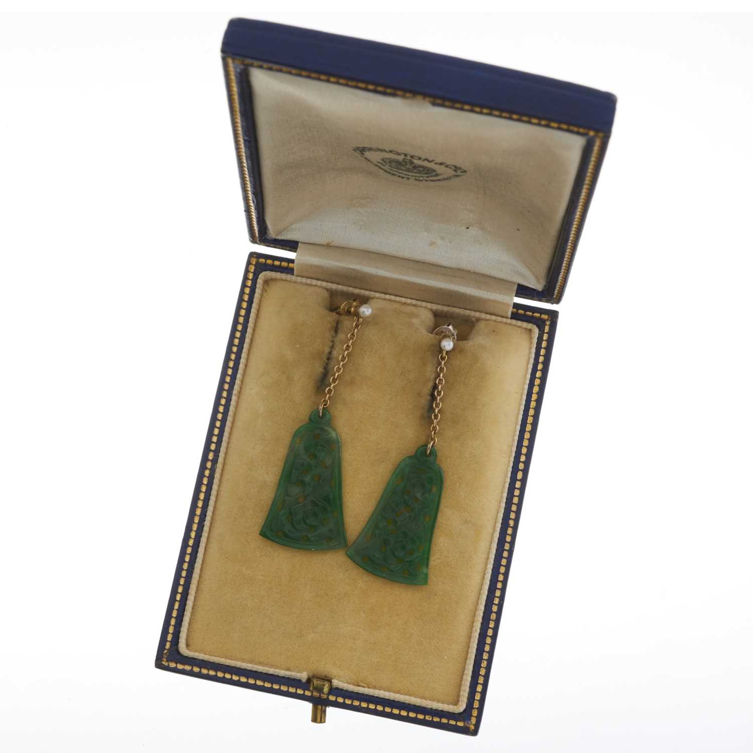 A pair of early 20th century gold A-jade and pearl drop earrings - Image 2 of 2