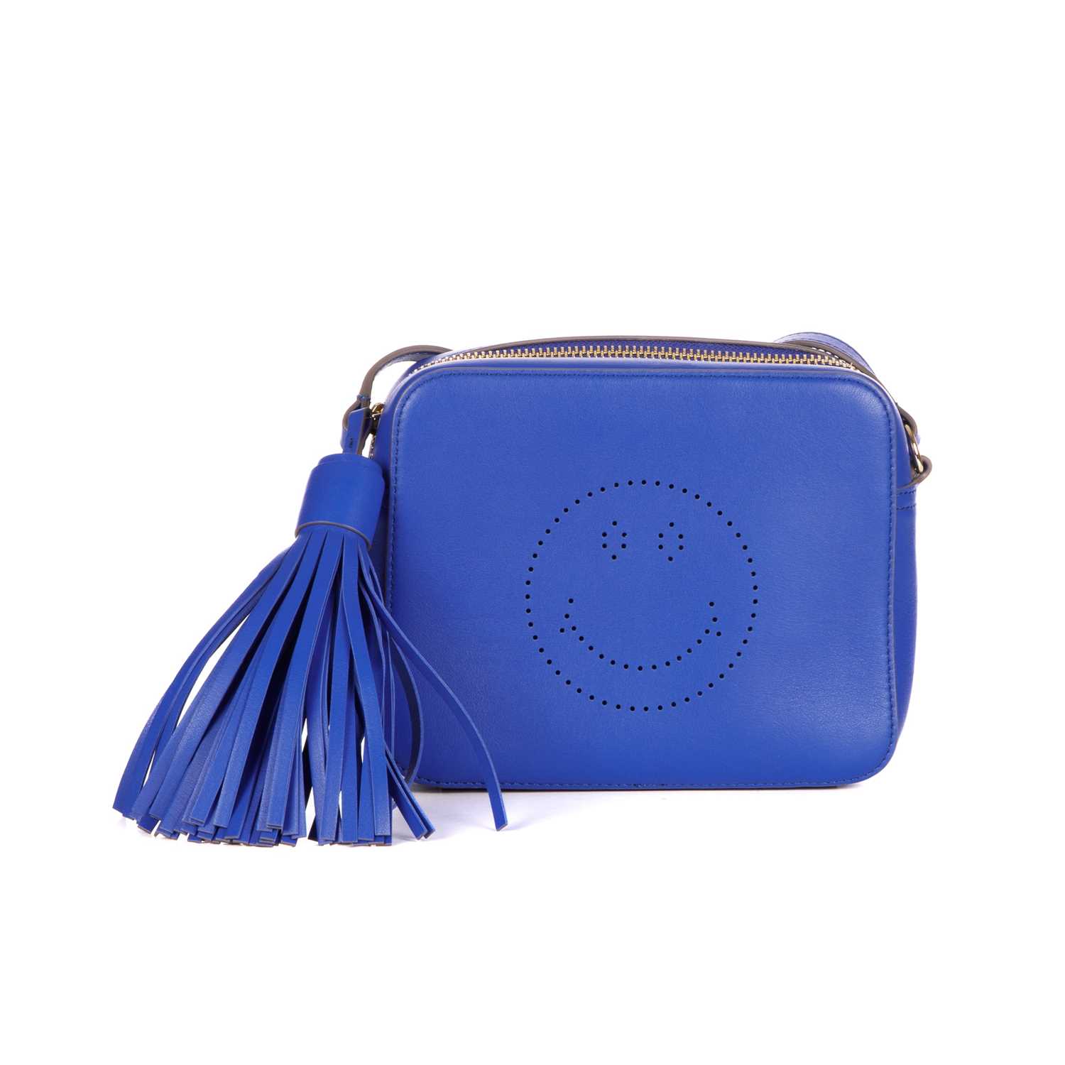 Anya Hindmarch, a blue Smiley crossbody handbag, crafted from smooth electric blue leather,