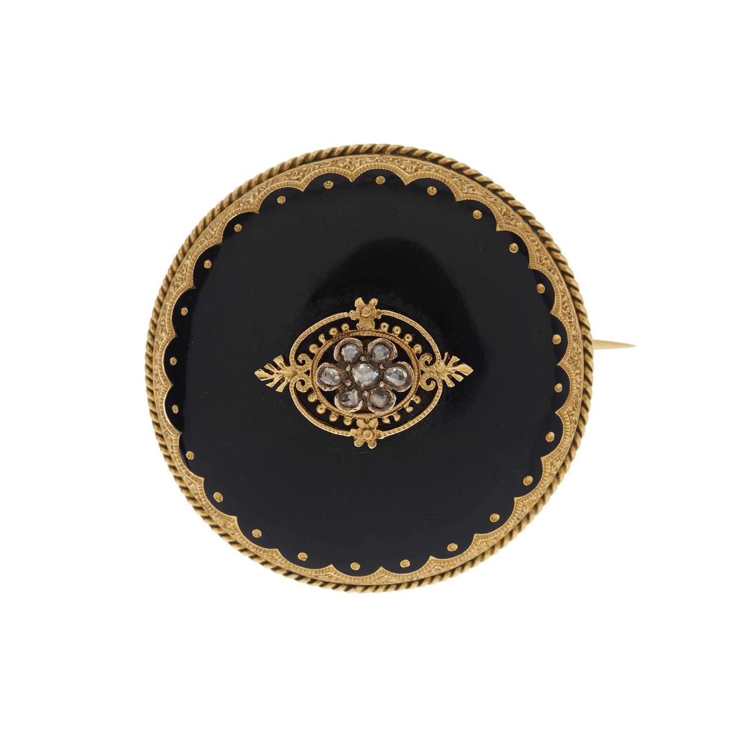 A mid to late Victorian gold, black enamel and diamond pendant brooch