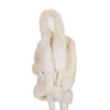 A white mink and fox fur hooded coat, featuring arctic fox fur trim and neck scarf, hook and eye