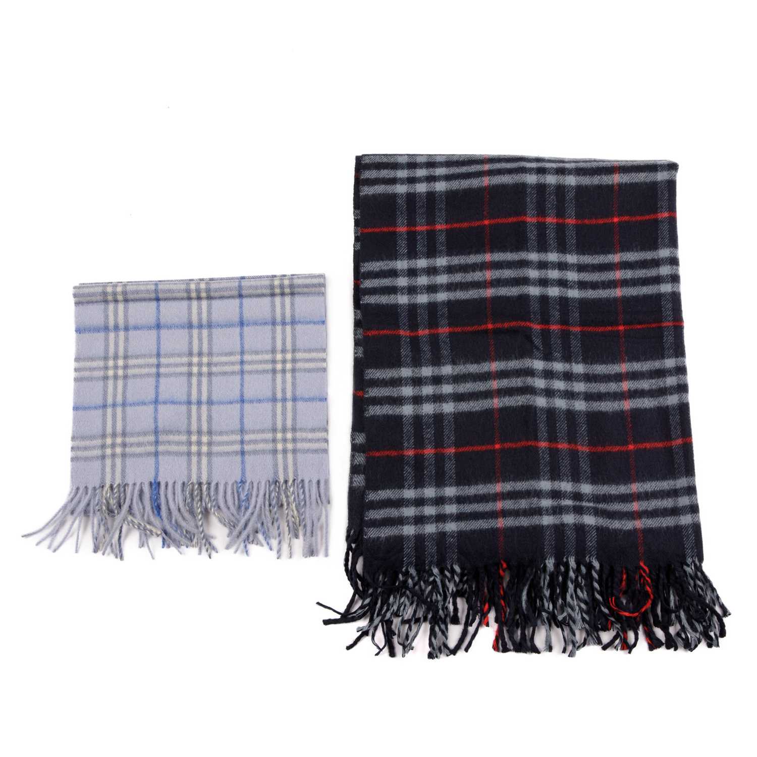 Burberry, a Nova Check lambswool shawl and scarf, to include a navy blue shawl and a light blue