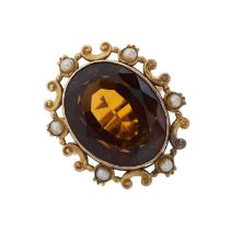 A mid 20th century gold citrine and split pearl dress ring