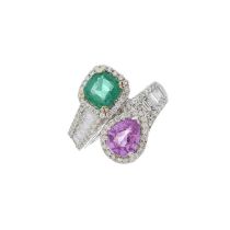 An 18ct gold pink sapphire, emerald and diamond crossover dress ring