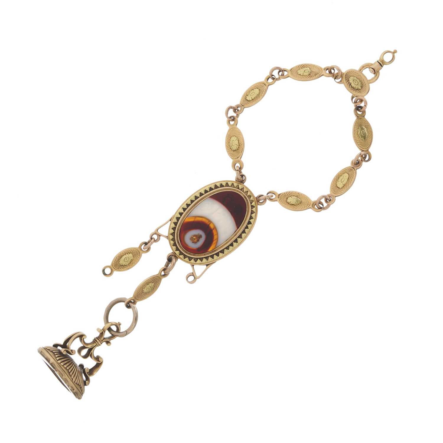 A mid to late 19th century gold agate and citrine intaglio chatelaine