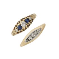 Two gold sapphire and diamond rings