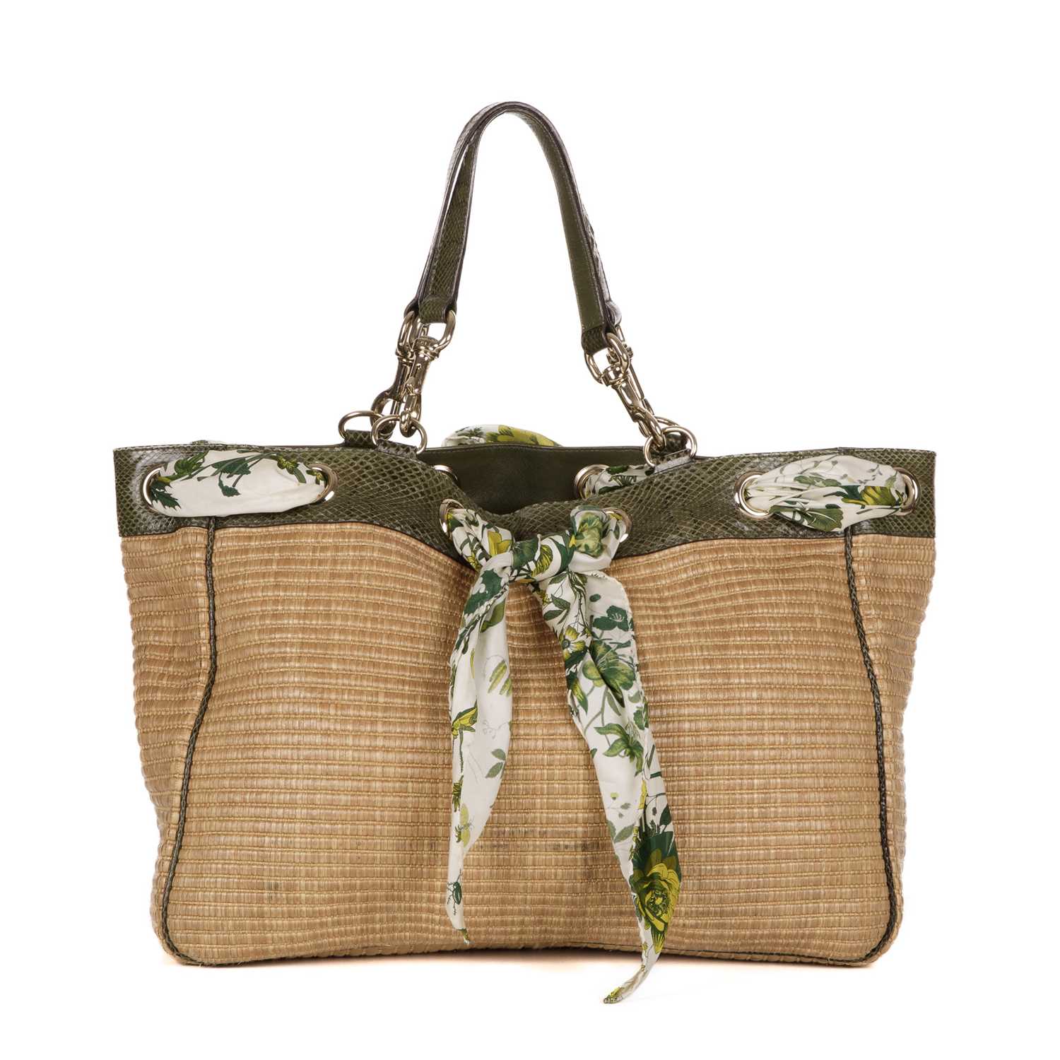 Gucci, a raffia & python Positano tote, designed with a natural woven raffia exterior, with green