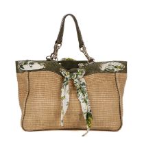 Gucci, a raffia & python Positano tote, designed with a natural woven raffia exterior, with green