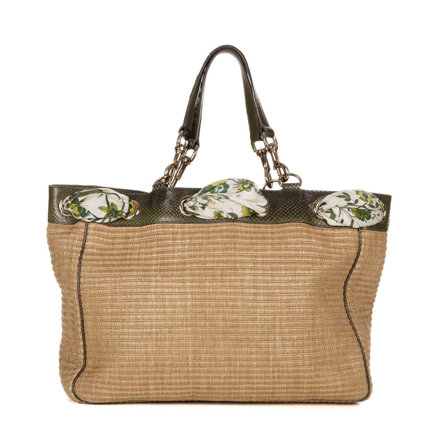 Gucci, a raffia & python Positano tote, designed with a natural woven raffia exterior, with green - Image 2 of 4