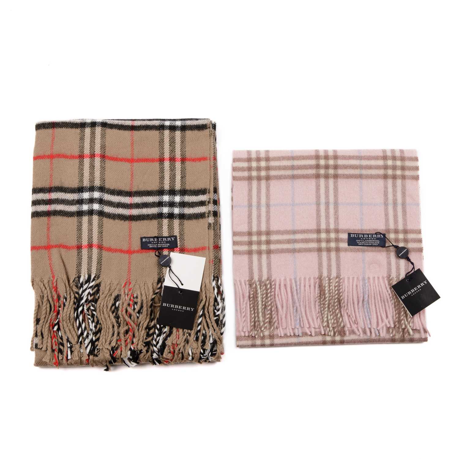 Burberry, a Nova Check lambswool shawl and scarf, to include a beige shawl and a rose pink scarf, - Image 2 of 4