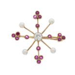 An Edwardian gold diamond, ruby and pearl brooch