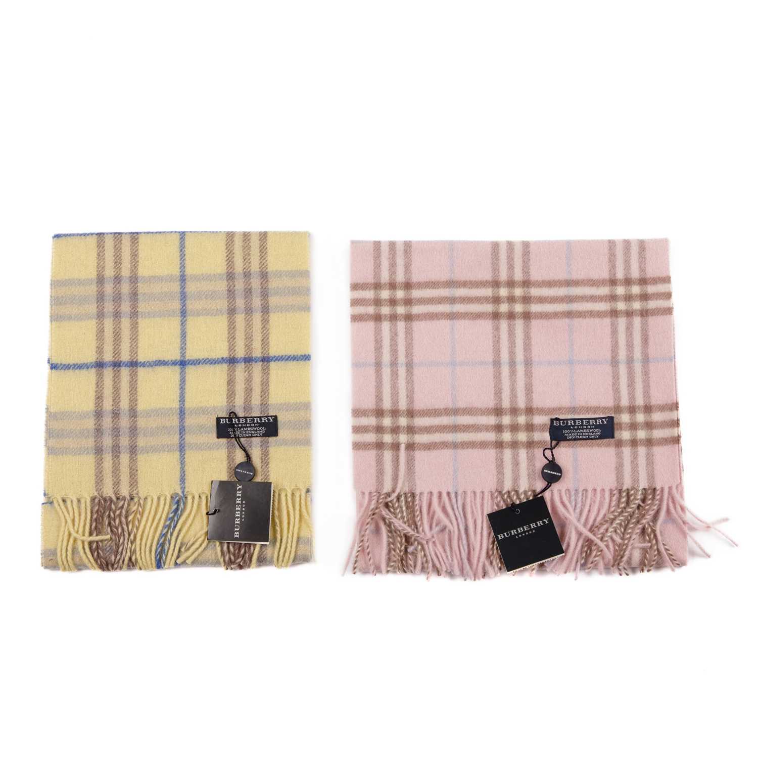 Burberry, two Nova Check lambswool scarves, to include a rose pink scarf and a pale yellow scarf, - Image 2 of 4