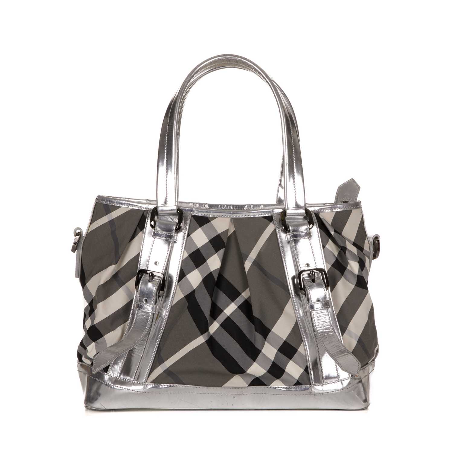 Burberry, a silver Beat Check Lowry handbag, designed with a nylon beat check exterior with silver