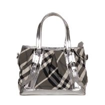 Burberry, a silver Beat Check Lowry handbag, designed with a nylon beat check exterior with silver