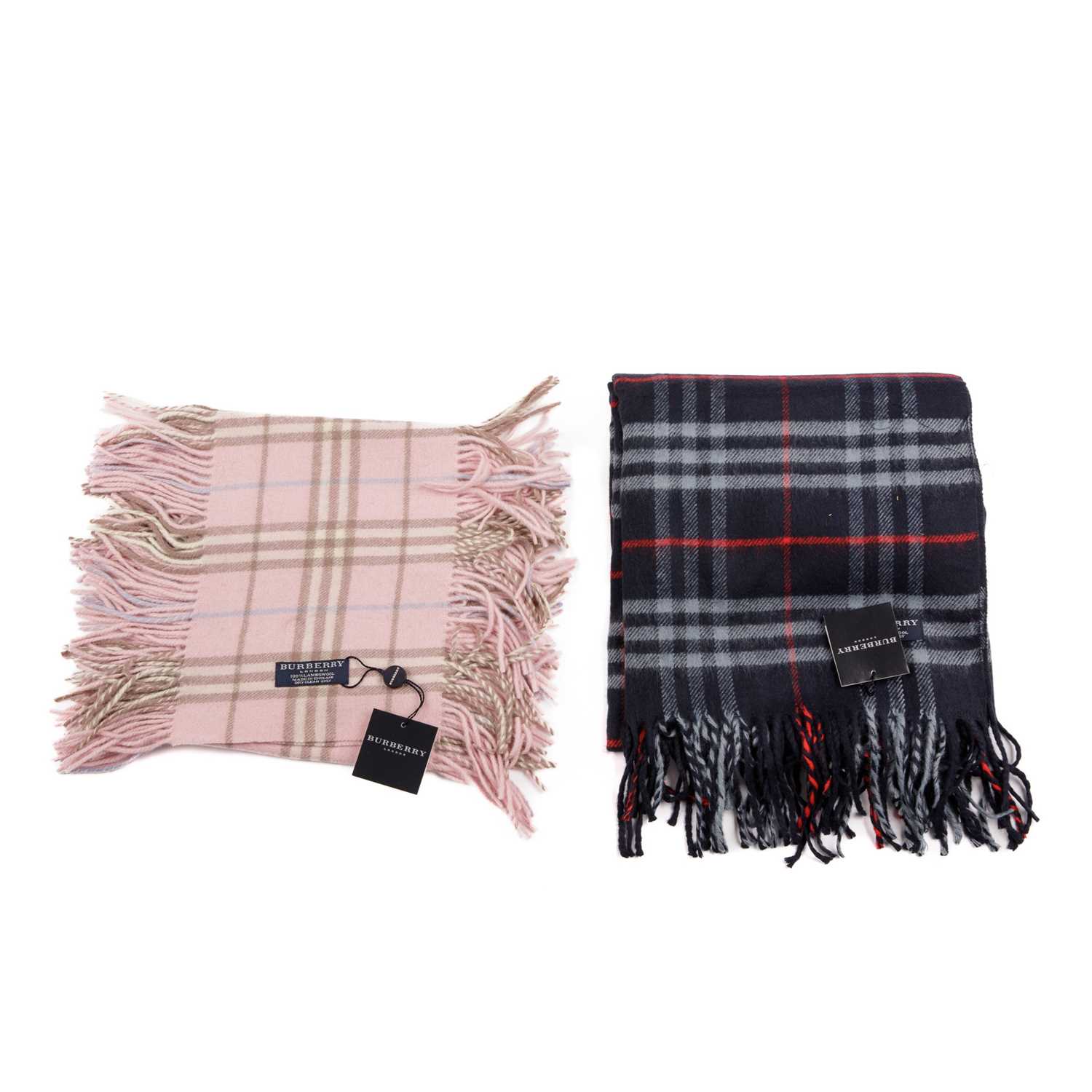 Burberry, a Nova Check lambswool shawl and Happy Fringe scarf, to include a navy blue shawl with - Image 2 of 4