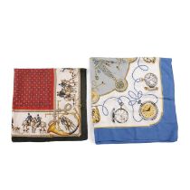 Two silk scarves, to include a scarf by Rolex Geneve, featuring a pocket watch design on a white