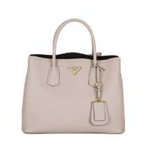 Prada, a Double Tote, featuring a grey saffiano leather exterior with contrasting smooth black